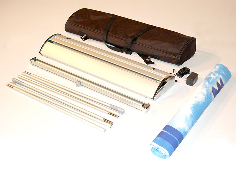 ReVue Scrolling Banner Stand - Includes; Base Unit, Masts, Graphic Header Bar, VueTrac Banner Loop, 110v AC Power Pack Plug, Black Carry Bag