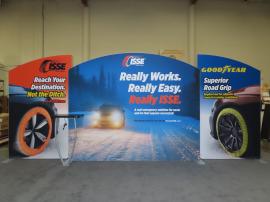 SYK-2006 Symphony Portable Modular Display with SEG Fabric Graphics, Backwall Workstation with Wireless Charging Pads, and LED Stem Lights