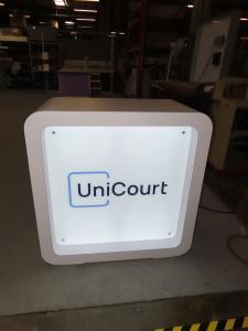 MOD-1573 Counter with Recessed Lights, Direct Print Graphic, and Locking Storage and (2) Custom Laminated Genius Bars