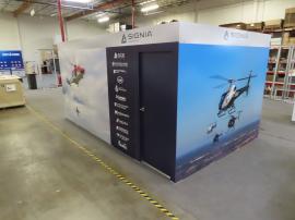 Custom Wood Room Extension with Vinyl Graphics, Product Kiosk Wall, Cabinets, and Monitor Stand